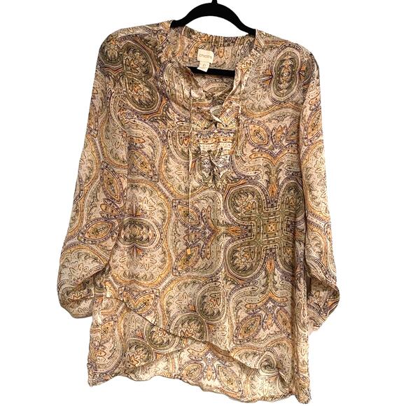Chico's Blouse Women Small Multicolor Asymmetrical Roll Tab Sleeves Tunic Top - Picture 1 of 8